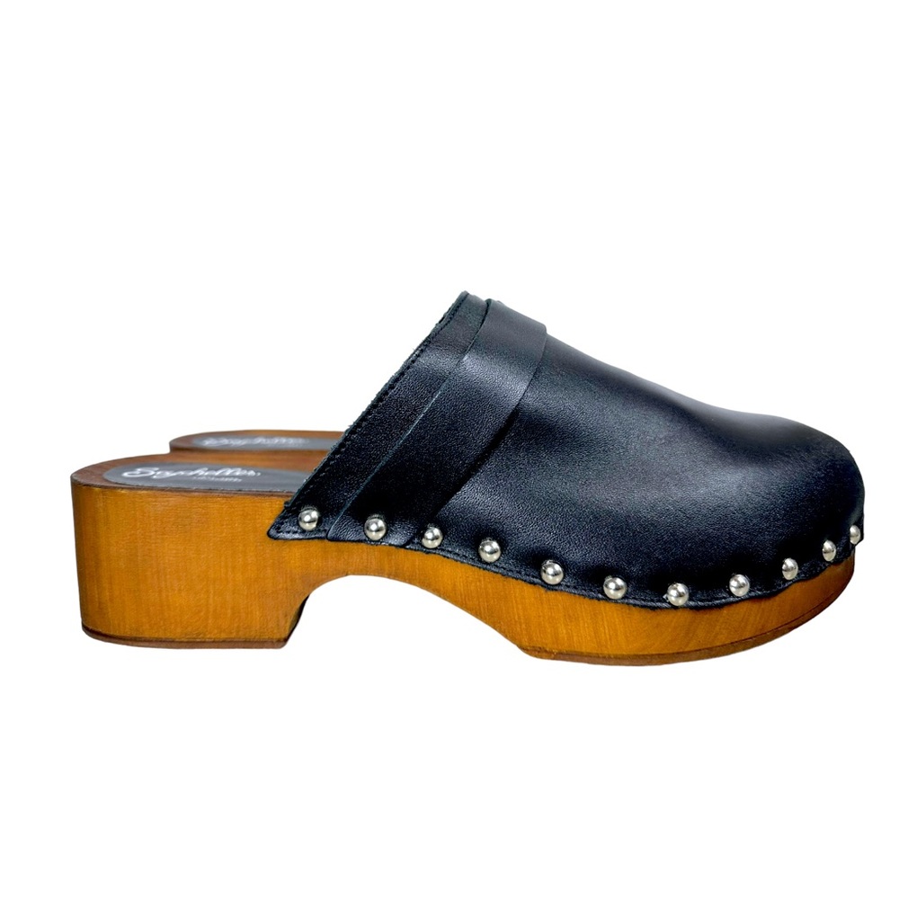 Seychelles Black Leather Studded Wooden Clog Mules